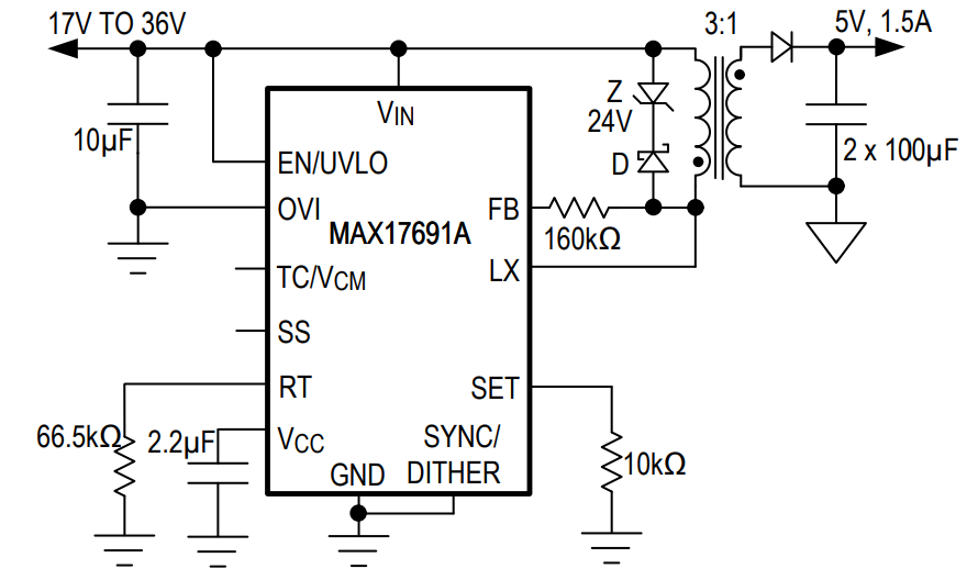 Applikations-Schaltungsdiagramm - Analog Devices / Maxim Integrated MAX1769x Isolierte Sperrwandler ohne Optokoppler